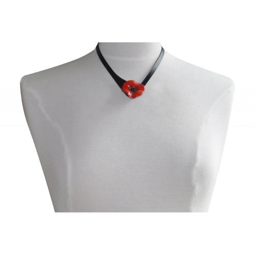 Collier Ras de Cou Lien Cuir Noir Coquelicot Céramique - LES POULETTES BIJOUX - Modalova