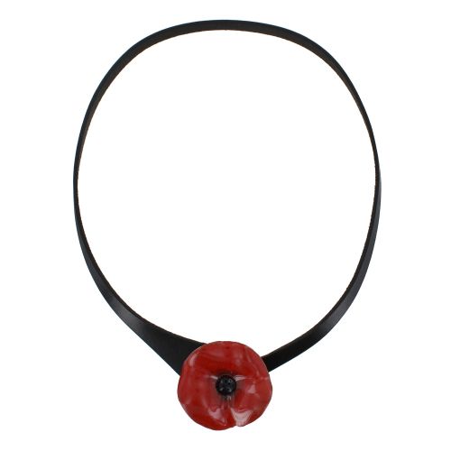 Collier Ras de Cou Lien Cuir Noir Coquelicot Céramique - LES POULETTES BIJOUX - Modalova
