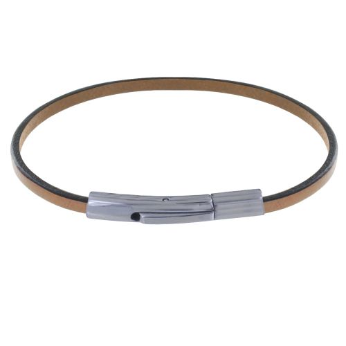 Bracelet Cuir Simple Plat Fermoir Acier Inoxydable - Marron clair - LES POULETTES BIJOUX - Modalova