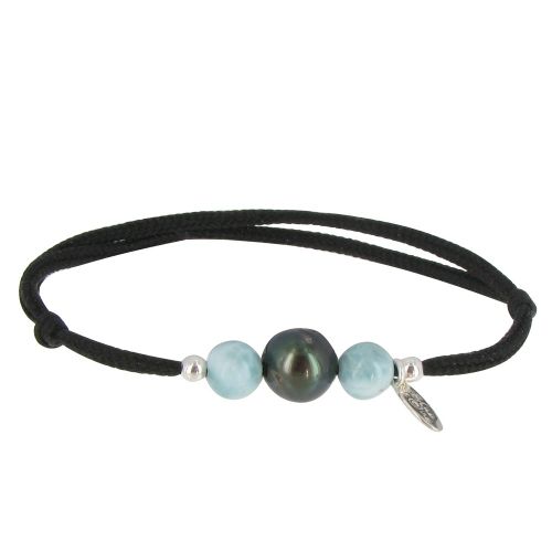 Bracelet Lien Noir 1 Perle de Tahiti et 2 Perles de Larimar - LES POULETTES BIJOUX - Modalova