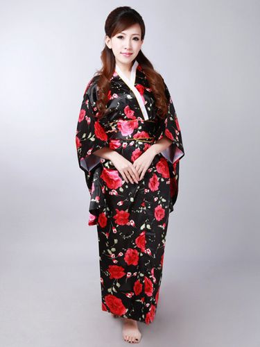 Kimono Robe Noir Japonais Noir Yukata Toussaint Cosplay Costume Imprim Floral Halloween Dguisement Carnaval - Milanoo FR - Modalova