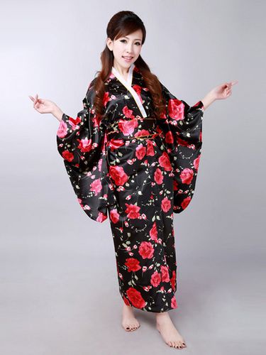 Costume Kimono Japonais Noir Avec Rose Imprim Dguisement Halloween - Milanoo - Modalova