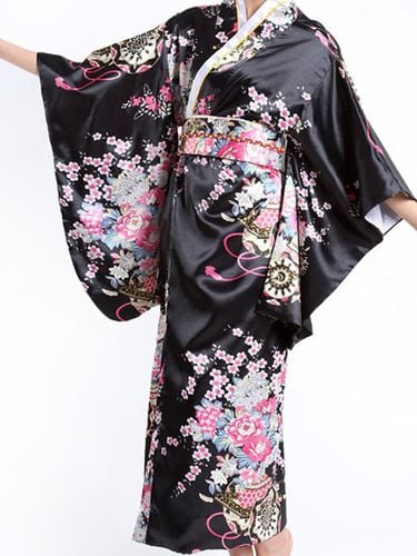 Kimono Noir En Satin Imprim Fleuri Dguisements Halloween Carnaval - Milanoo FR - Modalova