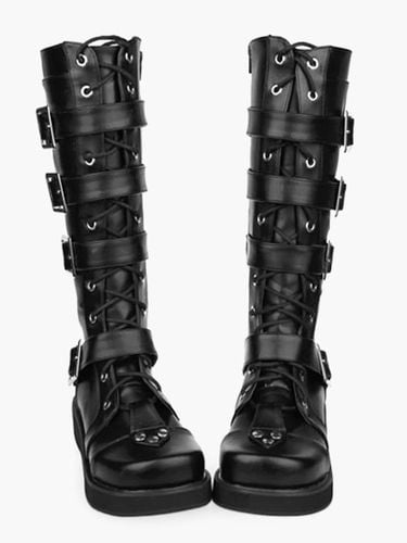 Chaussures Lolita Bottes de mode haut talon compens plateforme en Synthtique noires avec boucles et sangles Dguisements Halloween - Milanoo FR - Modalova