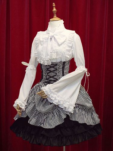 Classique taille haute Jupe Lolita noire lgante luxueuse excellente en coton avec rayure et noeuds Dguisements Halloween - Milanoo - Modalova