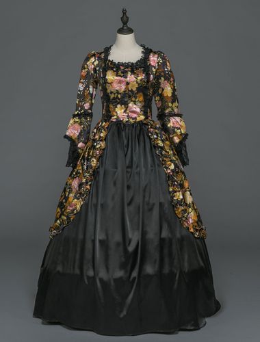 Costume Rtro Halloween Noir Rococo Robes Victoriennes Imprim Floral Vintage s Manches Longues Robes De Bal - Milanoo - Modalova
