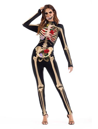 Costume d\'Dguisements Halloween Skeleton Bone Flowers Noir Combinaison Skinny Mignon manches longues - Milanoo - Modalova