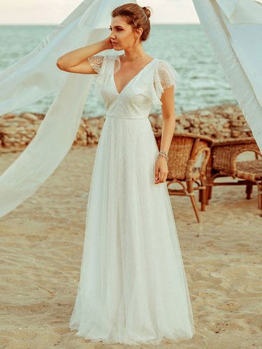 Robe de marie blanche en dentelle col V manche courte zip sur dos longueur au sol robe de mariage - Milanoo - Modalova