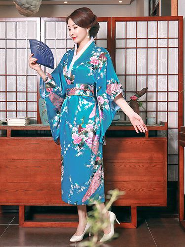 Japonais Costumes Adulte Cyan Bleu Kimono Robe De Satin Oriental Set Dguisements Halloween - Milanoo FR - Modalova