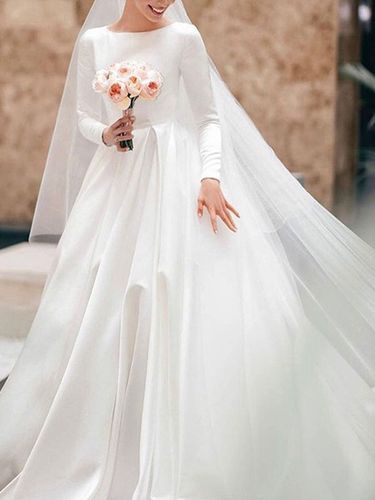 Robe marie vintage col rond manche longue jupe plisse trane Robe de mariage - Milanoo - Modalova