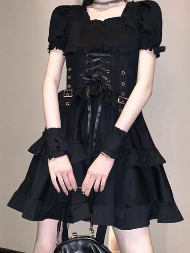 Robe gothique Lolita Op Black Manches courtes Volants lacets Robe Midi Midi - Milanoo - Modalova