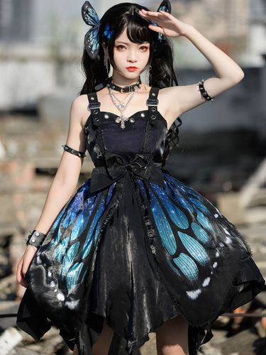 Gothique Lolita JSK Robe Bleue Sans Manches Lacets Volants Noeud Papillon Motif Polyester Casual Lolita Jumper Jupe - Milanoo - Modalova