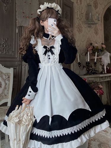 Ensemble 2 pices gothique Lolita JSK ensemble noir manches longues volants polyester tablier blanc jupe pull noir Lolita tenue - Milanoo FR - Modalova