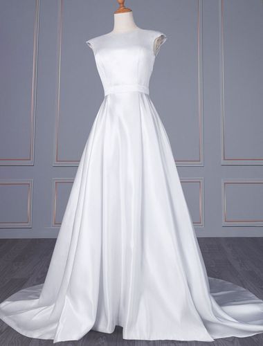 Robe de marie simple blanche une ligne bijou cou sans manches taille naturelle fermeture clair satin tissu ceinture robes de marie - Milanoo - Modalova