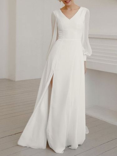 Robe de marie simple robe de mariage col V manche longue en chiffon jupe fendue - Milanoo - Modalova