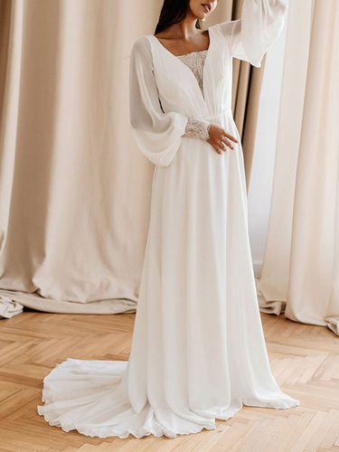 Robe de marie simple robe de mariage col V manche longue en chiffon - Milanoo - Modalova