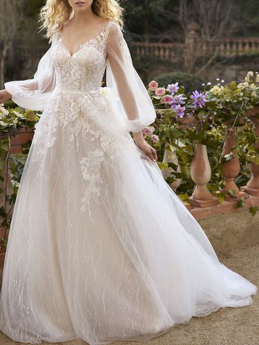 Robe de marie bohme robe de mariage col V manche longue trane - Milanoo FR - Modalova