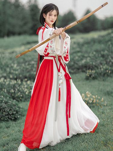 Robe de Style Chinois Ensemble 2 Pices Rouge Blanc Manches Longues Imprim Floral Polyester Longue Tenue Vintage Classique - Milanoo - Modalova