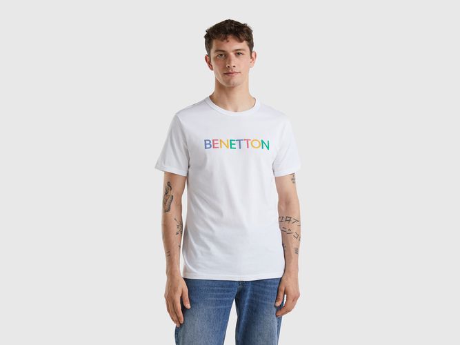 Benetton, T-shirt Bianca In Cotone Bio Con Logo Multicolor, taglia S, Bianco, Uomo - United Colors of Benetton - Modalova