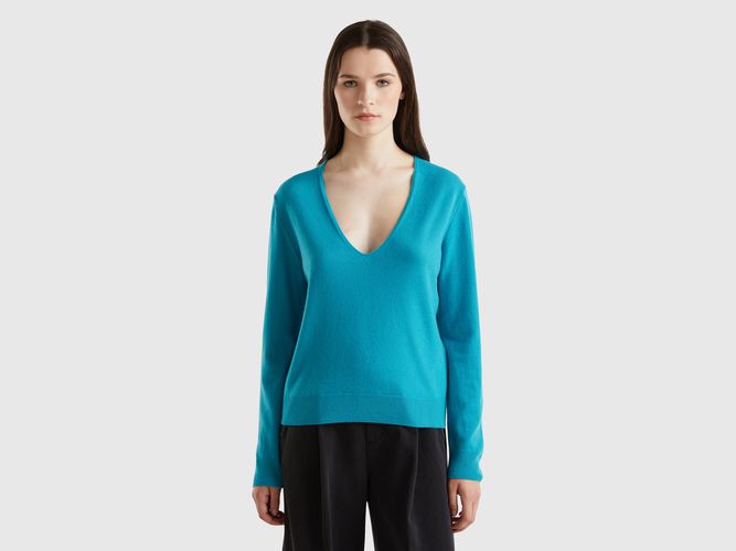 Benetton, Maglione Turchese Con Scollo A V In Pura Lana Merino, taglia L, Turchese, Donna - United Colors of Benetton - Modalova