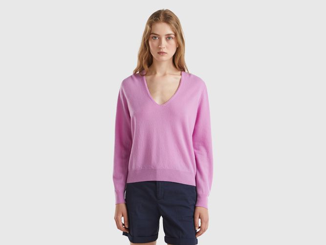 Benetton, Maglione Lilla Con Scollo A V In Pura Lana Merino, taglia M, Lilla, Donna - United Colors of Benetton - Modalova