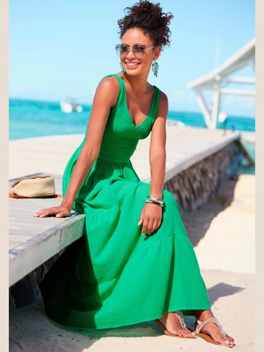 Robe longue haut smocké avec encolure en v - Beachtime - Modalova