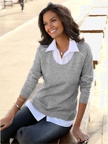 Pull 2 en 1 chemisier col chemise maille chinée avec empiècements décoratifs zippés aux épaules - Collection L - Modalova