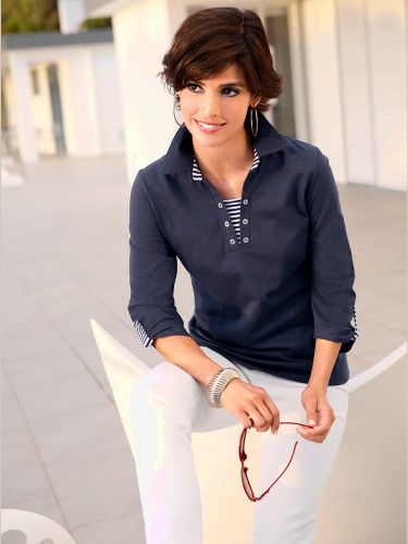 T-shirt uni rayures boutonnière col et manches - Collection L - Modalova