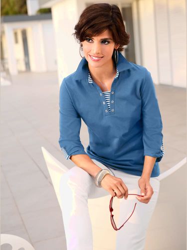 T-shirt uni rayures boutonnière col et manches - Collection L - Modalova