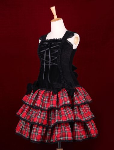 Noir rouge Ginghamn Lolita pull robe lacets multicouche Déguisements - milanoo.com - Modalova