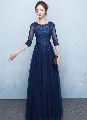 Robe soirée 2026 bleu en dentelle robe de bal demi-manche longueur au sol robe d'invité de mariage - milanoo.com - Modalova