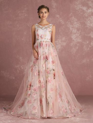 Robe de bal imprimerie floral laçage sur dos à traîne robe cocktail mariage - milanoo.com - Modalova