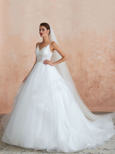 Robe de mariée princesse en dentelle col V laçage sur dos à traîne robe de mariage - milanoo.com - Modalova