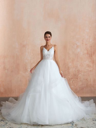 Robe de mariée princesse en dentelle col V laçage sur dos à traîne robe de mariage - milanoo.com - Modalova