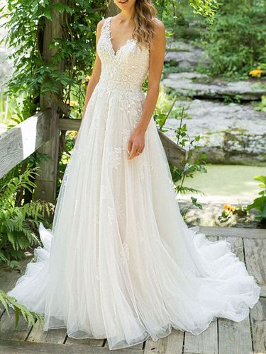 Robe mariée trapèze col V décolleté jupe en tulle à traîne robe de mariage - milanoo.com - Modalova
