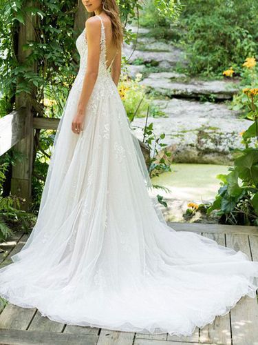 Robe mariée trapèze col V décolleté jupe en tulle à traîne robe de mariage - milanoo.com - Modalova