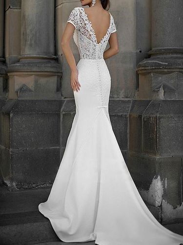 Robe de mariée sirène col V manche courte décoré des boutons sur dos à traîne - milanoo.com - Modalova