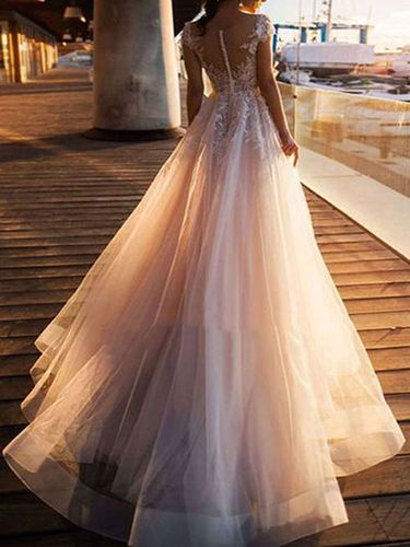 Robe de mariée trapèze en tulle col rond transparent en dentelle boutonné sur dos longueur au sol robe de mariage - milanoo.com - Modalova