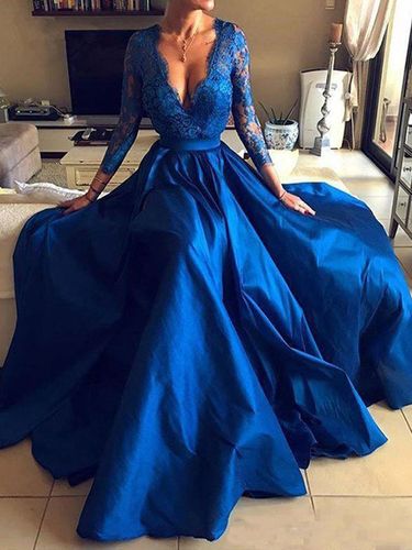 Robe de soirée col V manches 3/4 en dentelle jupe fendue à traîne en satin robe de bal - milanoo.com - Modalova