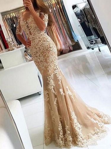 Robe de soirée en tulle col rond demi-manche en dentelle laçage sur dos à traîne - milanoo.com - Modalova