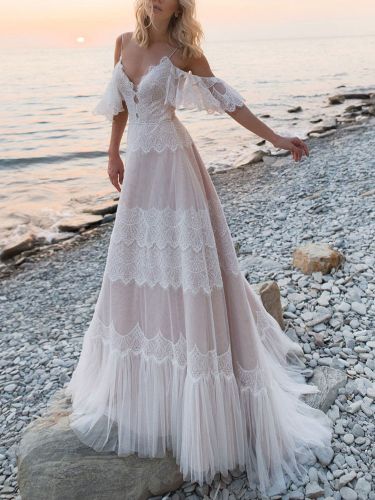Robe de mariée bohémienne col V à bretelle décolleté au sol Robe de mariée - milanoo.com - Modalova