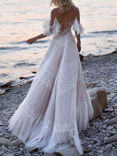 Robe de mariée bohémienne col V à bretelle décolleté au sol Robe de mariée - milanoo.com - Modalova