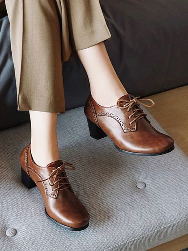 Oxfords marron s bout rond lacées chaussures oxford talon bloc - milanoo.com - Modalova