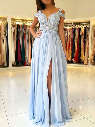 Robe de soirée en mousseline de soie col en V jupe fendue Longueur au sol Robe de bal - milanoo.com - Modalova