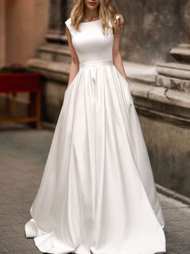 Robe de mariée Vintage en Satin ligne A col bateau sans manches longueur au sol 2026 - milanoo.com - Modalova