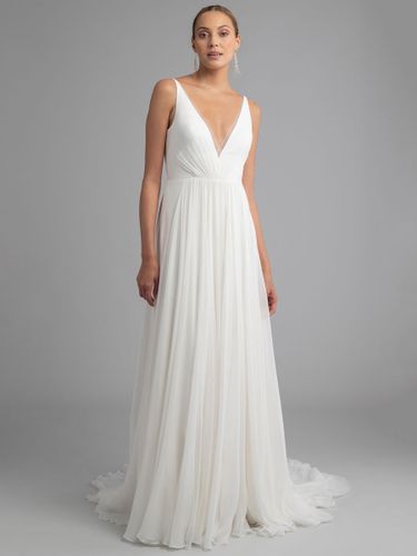 Robe de mariée simple blanche en mousseline de soie col V boutonné sur dos à traîne - milanoo.com - Modalova