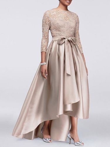 Robe de mère de mariée champagne en satin col rond dos en v manche longue asymétrique décoré de noeud robe invitée mariage - milanoo.com - Modalova