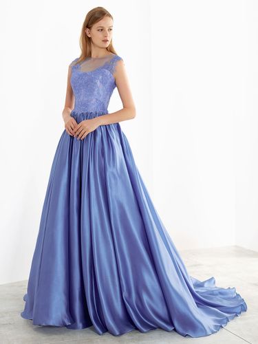 Robe de mariée bleue avec train bustier sans manches taille naturelle dentelle satin tissu une ligne robes de mariée - milanoo.com - Modalova