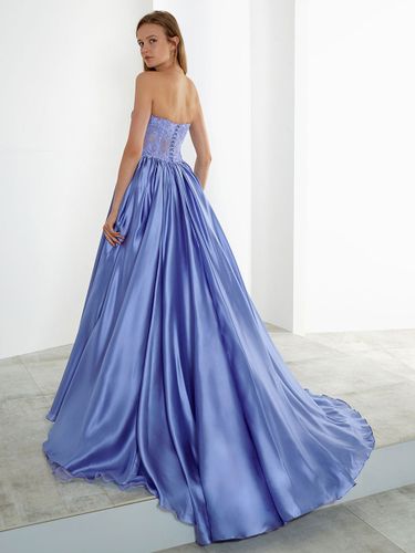 Robe de mariée bleue avec train bustier sans manches taille naturelle longueur de plancher dentelle tache tissu une ligne robes de mariée - milanoo.com - Modalova