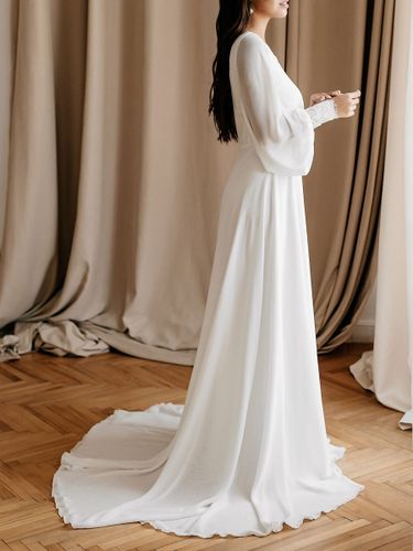 Robe de mariée simple robe de mariage col V manche longue en chiffon - milanoo.com - Modalova